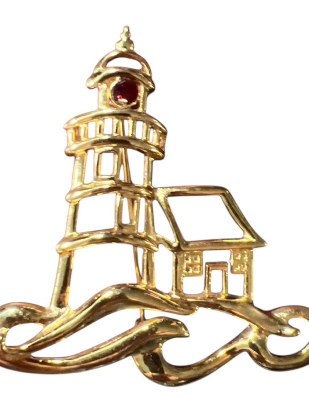 Gold Lighthouse Brooch with Red Accent - Women Jewelry Brooches